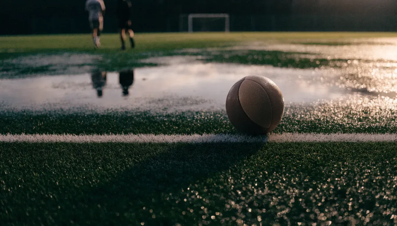 Ein Fussball liegt auf nassem Kunstrasen neben einer weissen Linie, Pfützen spiegeln den Himmel.