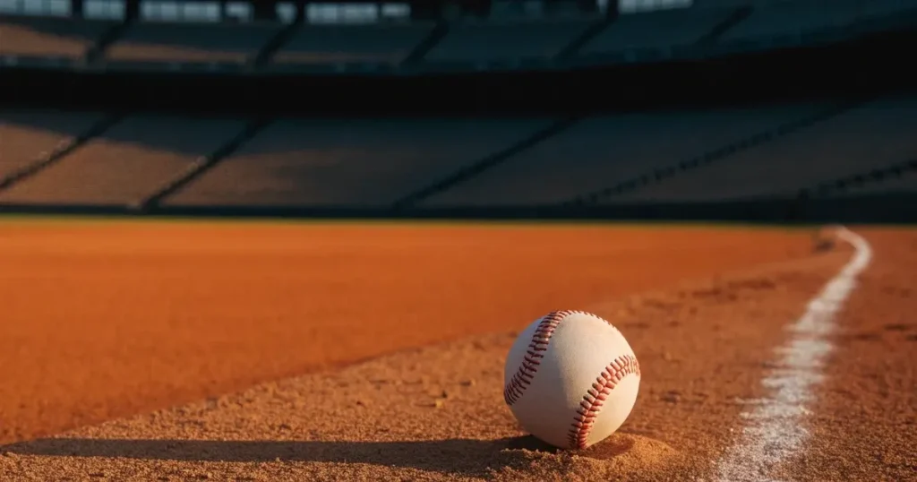 Ein weisser Baseball liegt auf rotbraunem Sand neben der Grundlinie eines leeren Stadions im warmen Abendlicht, die Ränge sind verlassen.