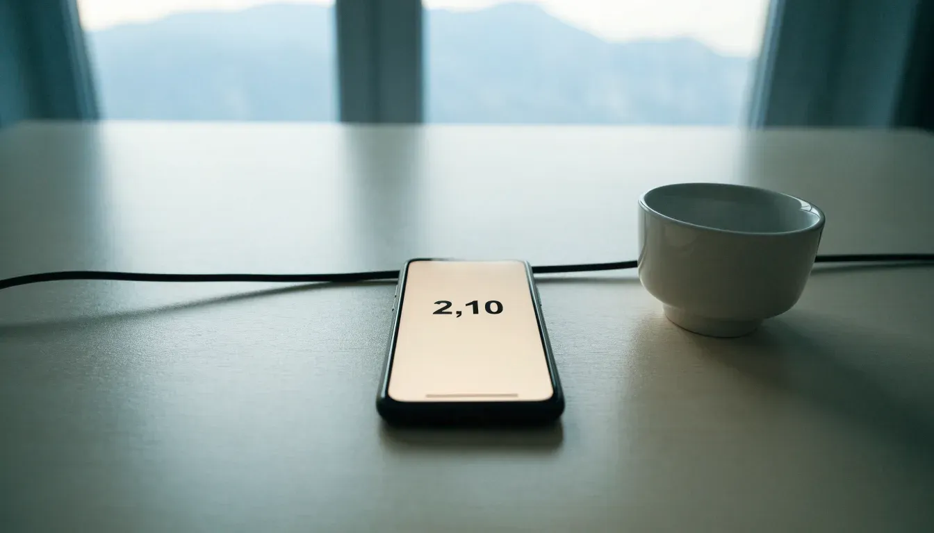 Ein Smartphone mit dunklem Bildschirm liegt auf einem hellen Schreibtisch neben einer Tasse, durch das Fenster dahinter sieht man eine Bergkette.