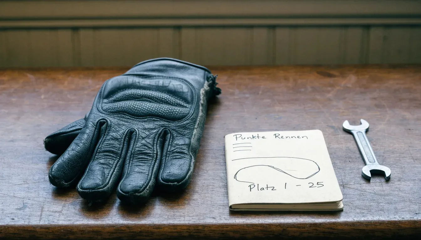 Ein Motorradhandschuh aus Leder liegt auf einer Werkbank neben einem Block mit handgezeichneten Skizzen und einem Schraubenschlüssel.