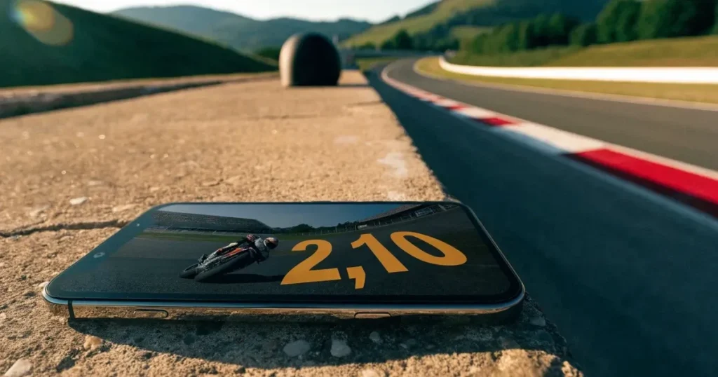 Eine leere Rennstrecke mit rot-weissen Randsteinen im Morgenlicht, im Hintergrund sanfte Hügel und ein einzelner Motorradhelm auf einer niedrigen Mauer.