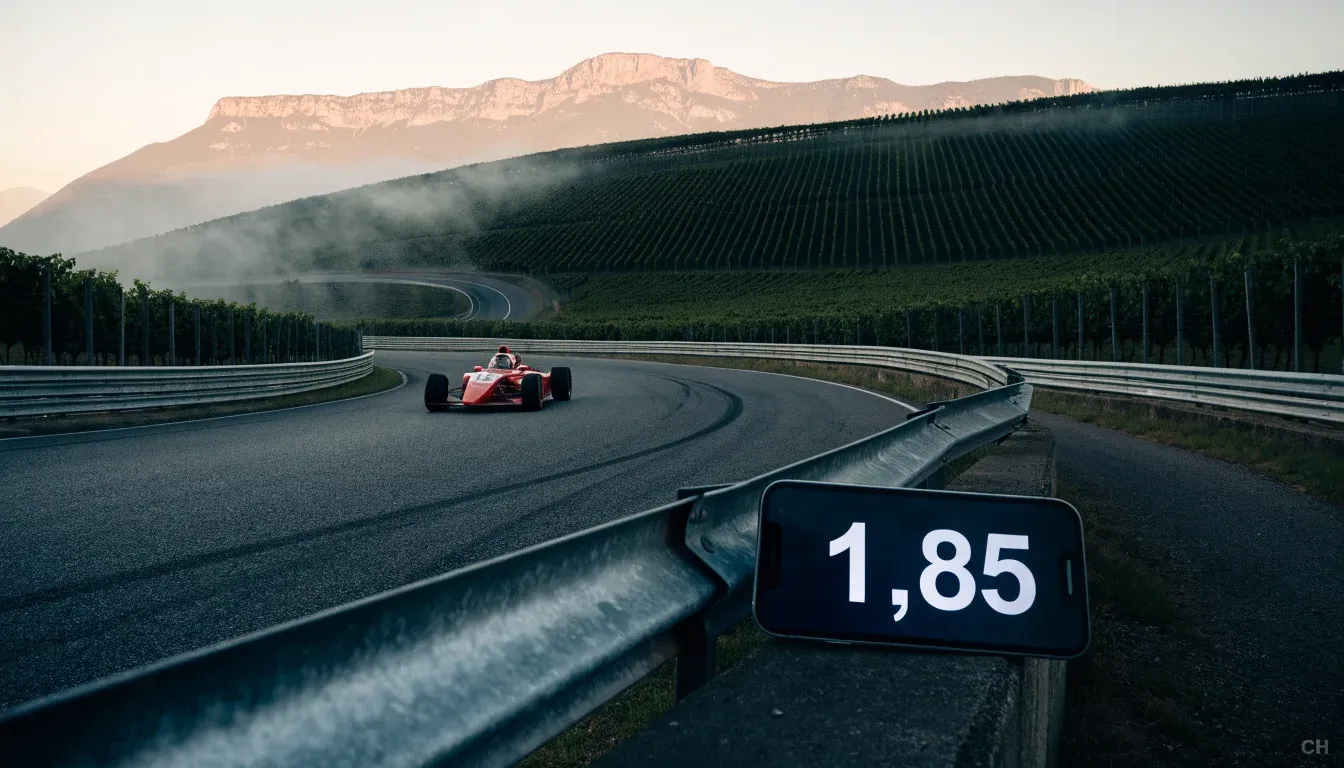 Eine Rennstrecke aus der Ferne zwischen Weinbergen und einer Bergkette, Dunst liegt am frühen Morgen über dem Asphalt.