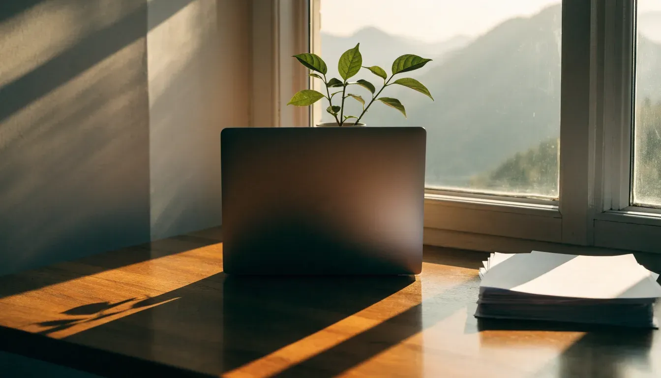 Ein Schreibtisch mit einem geschlossenen Laptop und einer Zimmerpflanze vor einem Fenster mit Blick auf eine Bergkette im Morgenlicht.