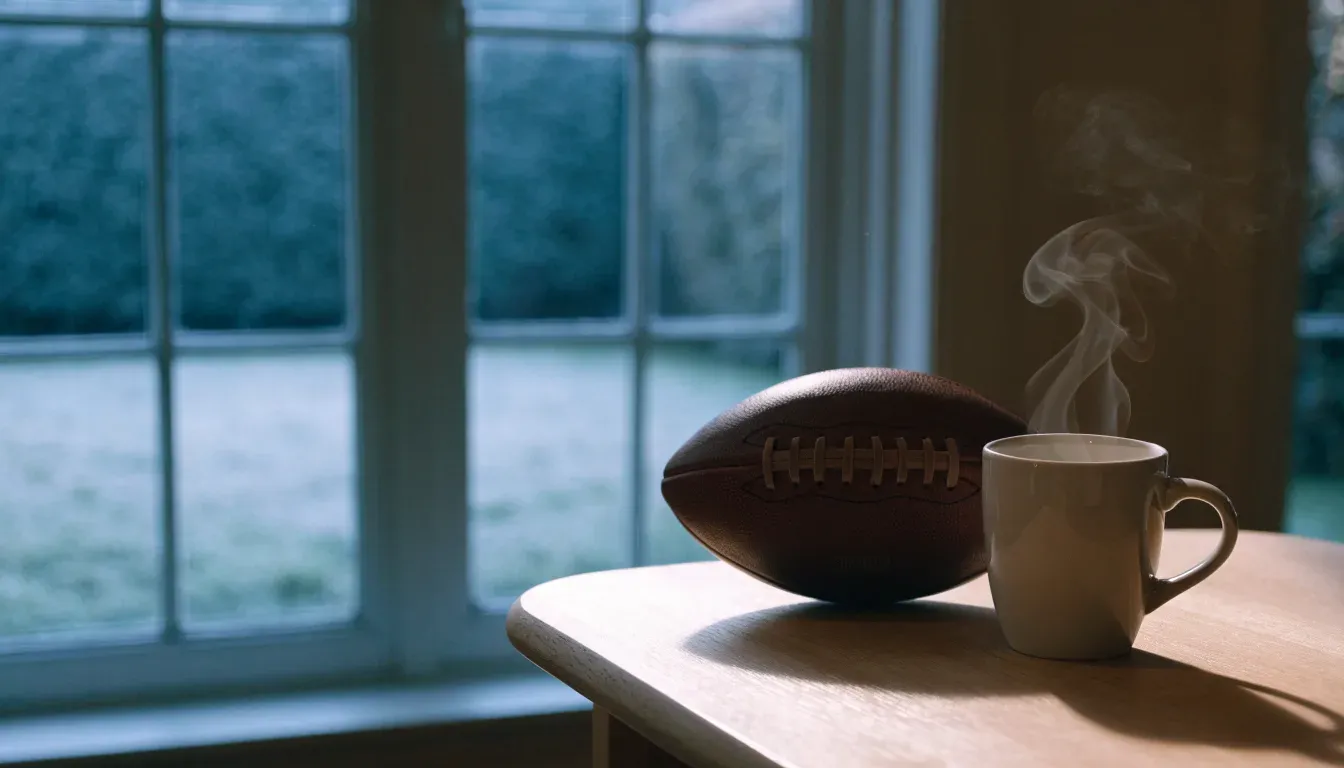 Ein Kaffeebecher und ein Football stehen auf einem Küchentisch am Morgen, durch das Fenster sieht man einen Garten mit Raureif.