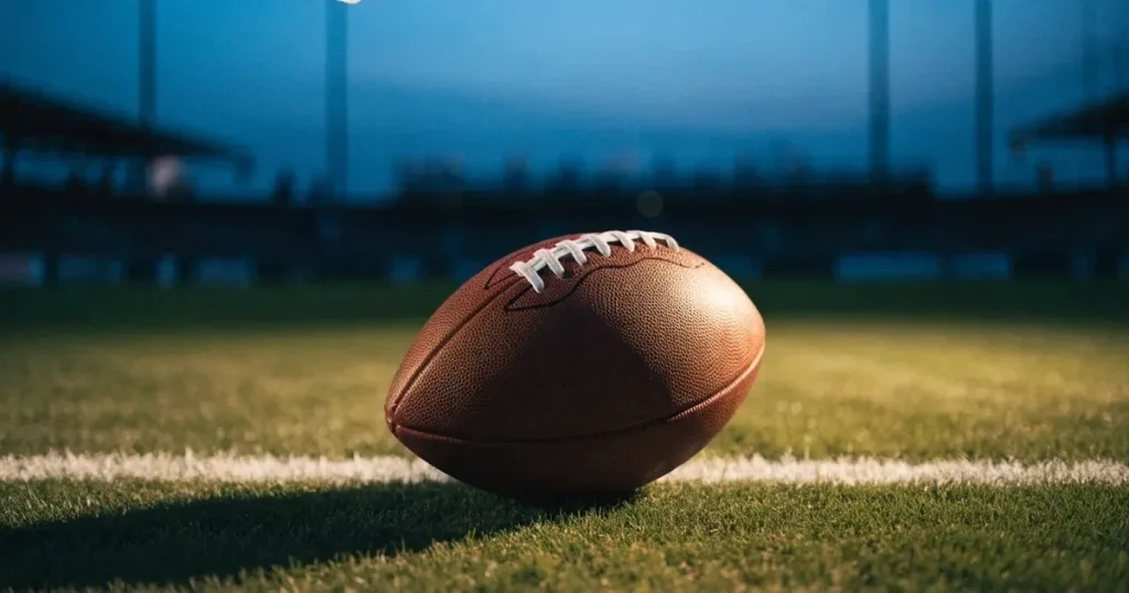 Ein ovaler Football liegt auf frisch gemähtem Rasen neben einer weissen Linie, im Hintergrund stehen leere Flutlichtmasten im Abendlicht.