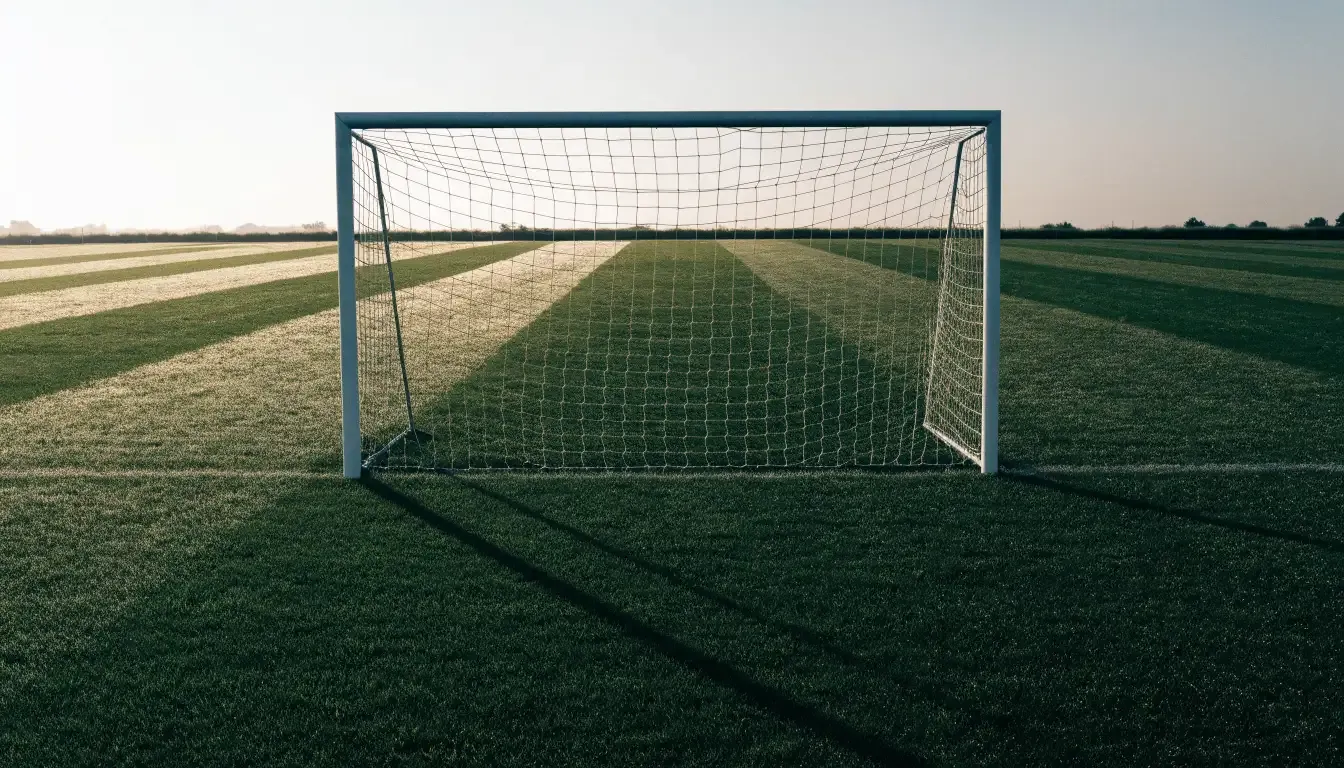 Ein Fussballtor mit Netz in der Totalen auf einem leeren Platz, Tau glänzt im Gras und die Morgensonne steht tief.