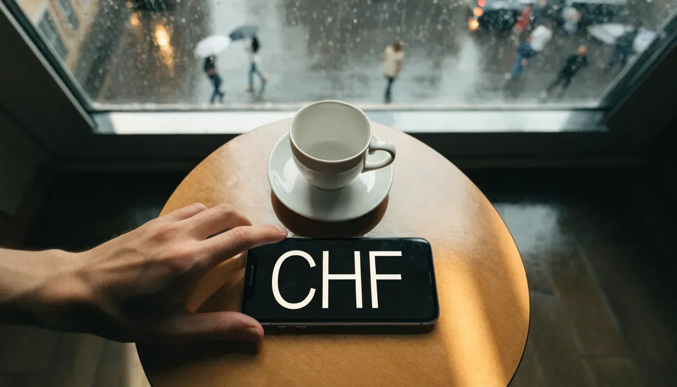Ein Café-Tisch am Fenster mit einer Teetasse, draussen ein nasser Gehweg und Passanten mit Regenschirmen in unscharfer Ferne.