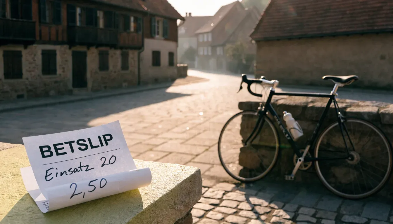 Ein Rennrad lehnt an einer Steinmauer am Rand eines Dorfplatzes, daneben eine Trinkflasche im ersten Sonnenlicht.