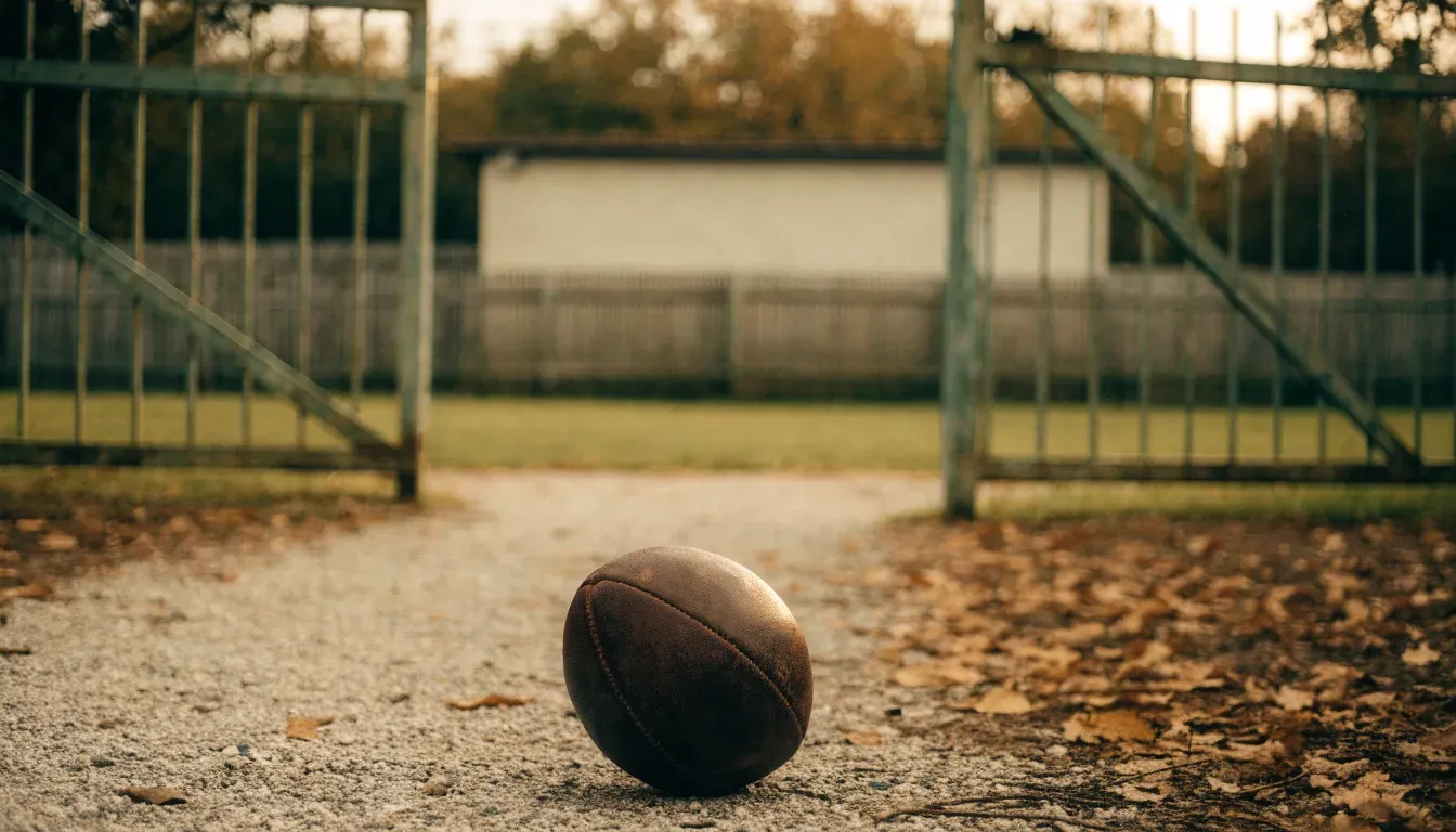 Ein abgenutzter Fussball liegt auf einem Kiesweg neben dem Eingang eines Vereinsplatzes, Laub liegt auf dem Boden.