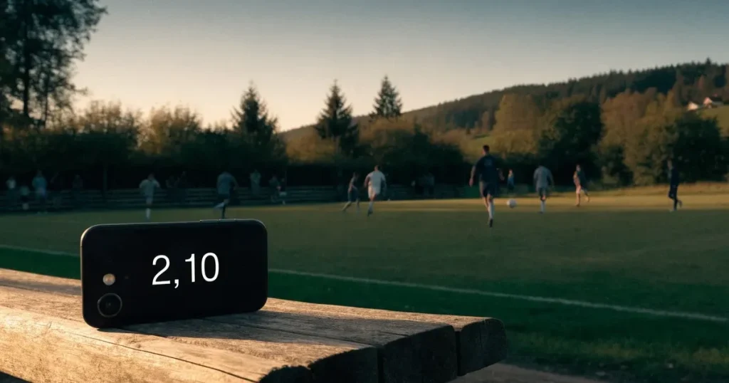 Ein kleiner Fussballplatz mit einfacher Holztribüne und Rasenstreifen am Rand einer Ortschaft, im Hintergrund ein bewaldeter Hügel im Abendlicht.