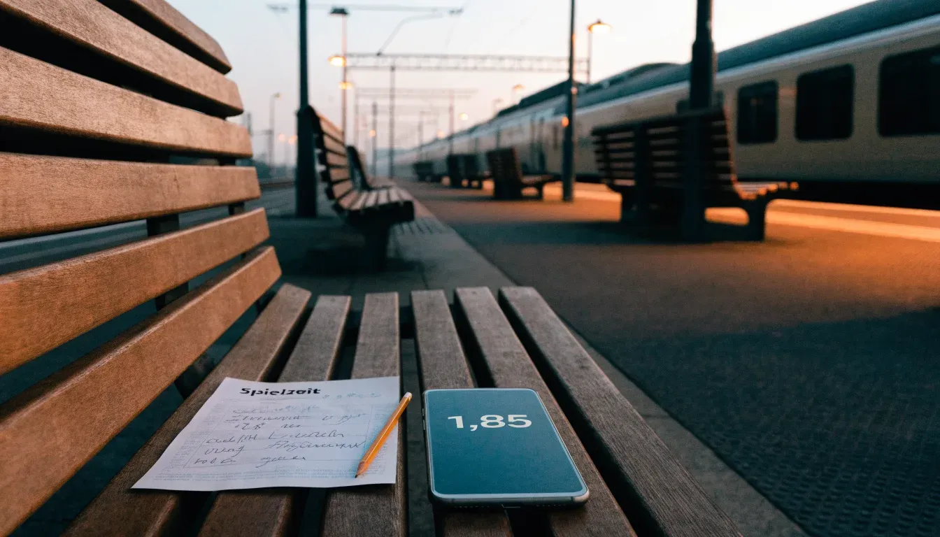 Ein Bahnsteig mit leeren Bänken an einem Regionalbahnhof am Morgen, ein Zug fährt in der Ferne ein.
