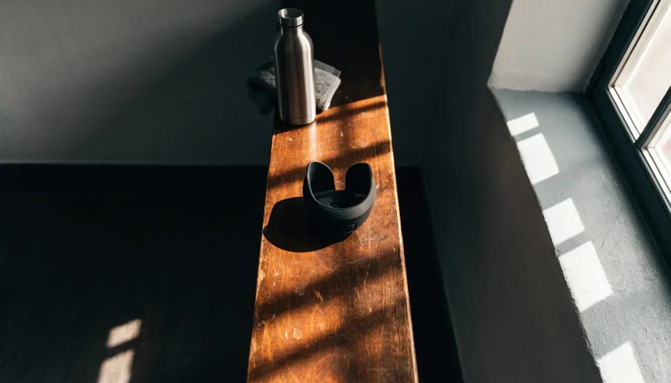 Ein Mundschutz liegt auf einer Holzbank neben einer Trinkflasche in einer schlichten Kabine, durch das Fenster fällt Morgenlicht.