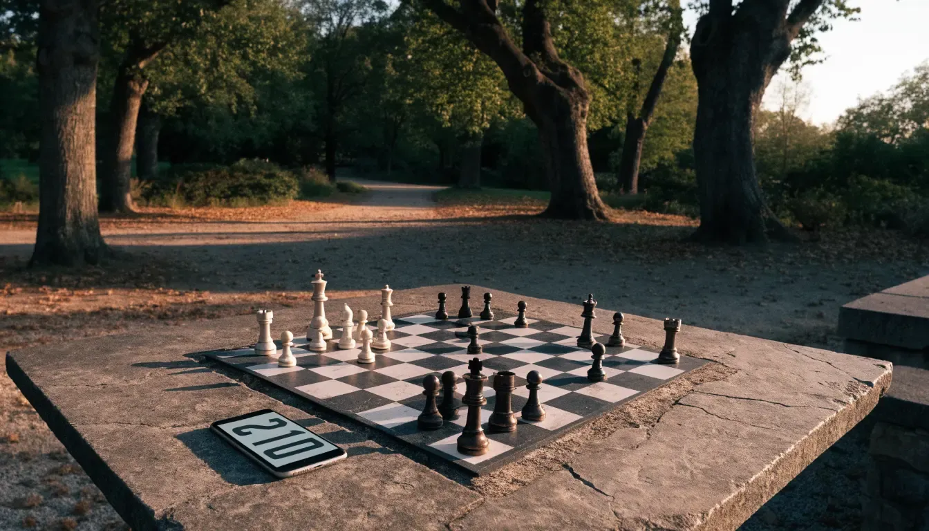 Ein Parkbank-Tisch mit eingelassenem Spielfeld unter alten Kastanien, auf den Wegen liegt Laub und die Sonne steht tief.