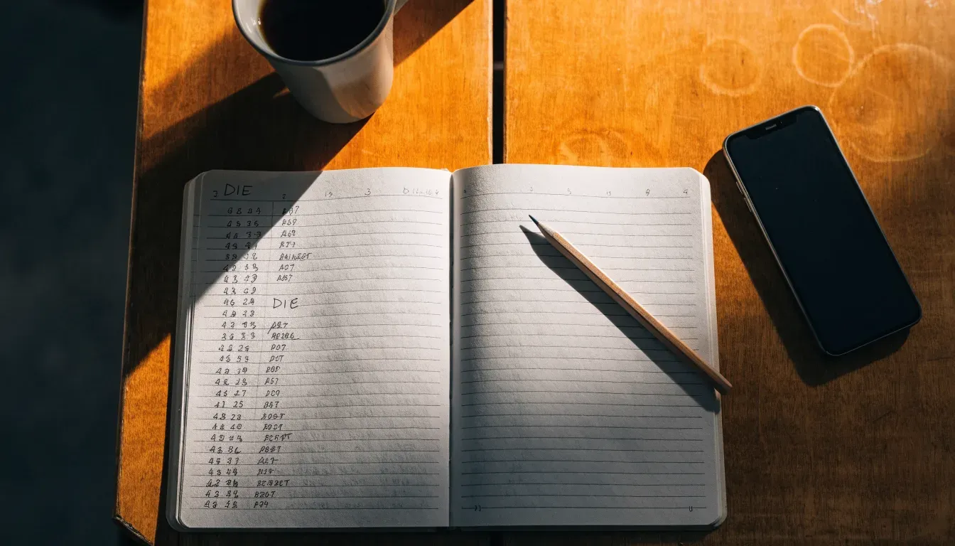 Ein aufgeschlagenes Notizbuch mit handschriftlichen Skizzen neben einem Bleistift und einer Kaffeetasse auf einem Holztisch.