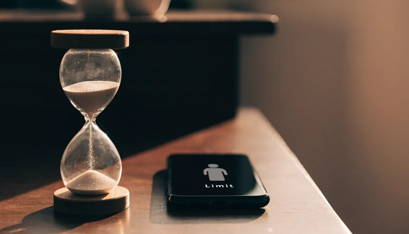Eine Sanduhr steht auf einem Holztisch neben einem umgedrehten Smartphone, warmes Licht fällt von der Seite ein.