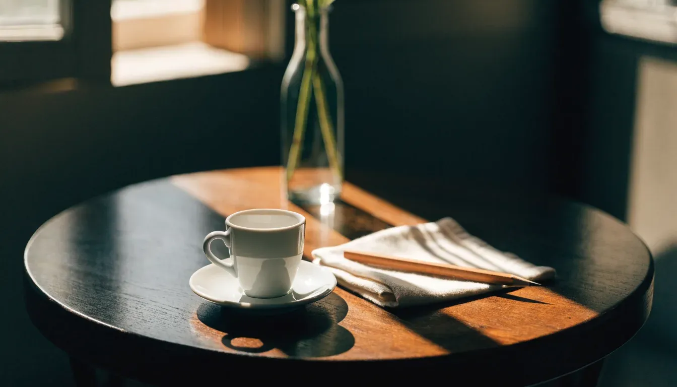 Eine Espressotasse und ein Bleistift liegen auf einem Caféhaustisch neben einer gefalteten Stoffserviette im Licht der Morgensonne.