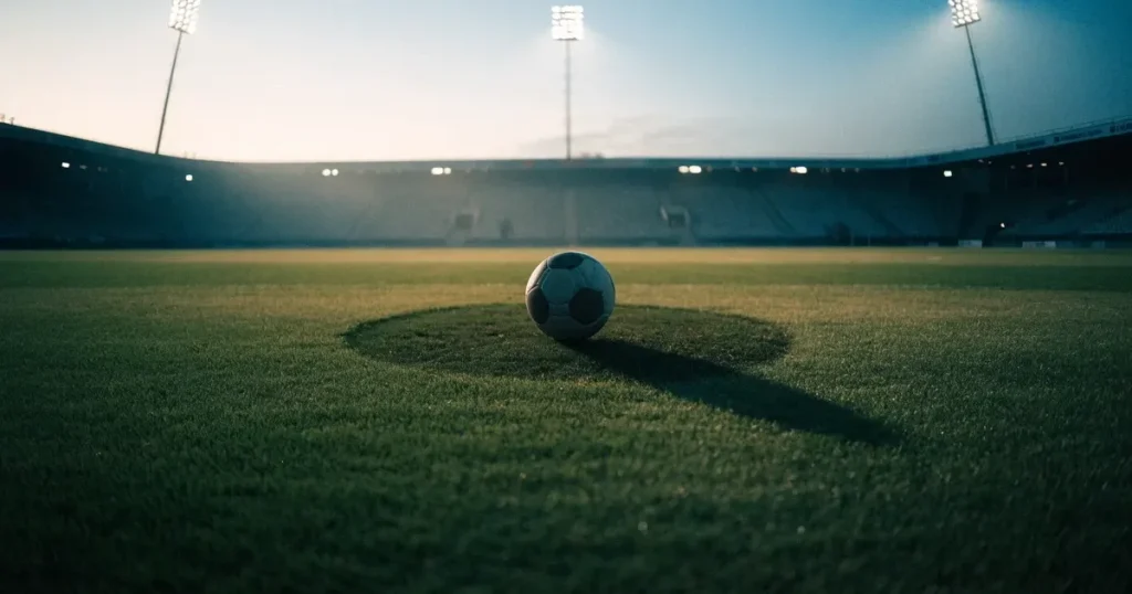Ein Fussball liegt auf dem Anstosspunkt eines leeren Rasenplatzes in der Abenddämmerung, dahinter leuchten Flutlichtmasten über einer Tribüne.