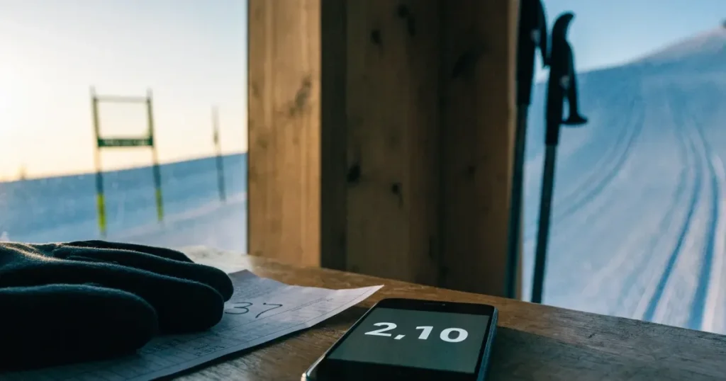 Ein frisch präparierter Hang mit Slalomstangen in einer Reihe im ersten Morgenlicht, Schneespuren im Hang und Berge im Hintergrund.