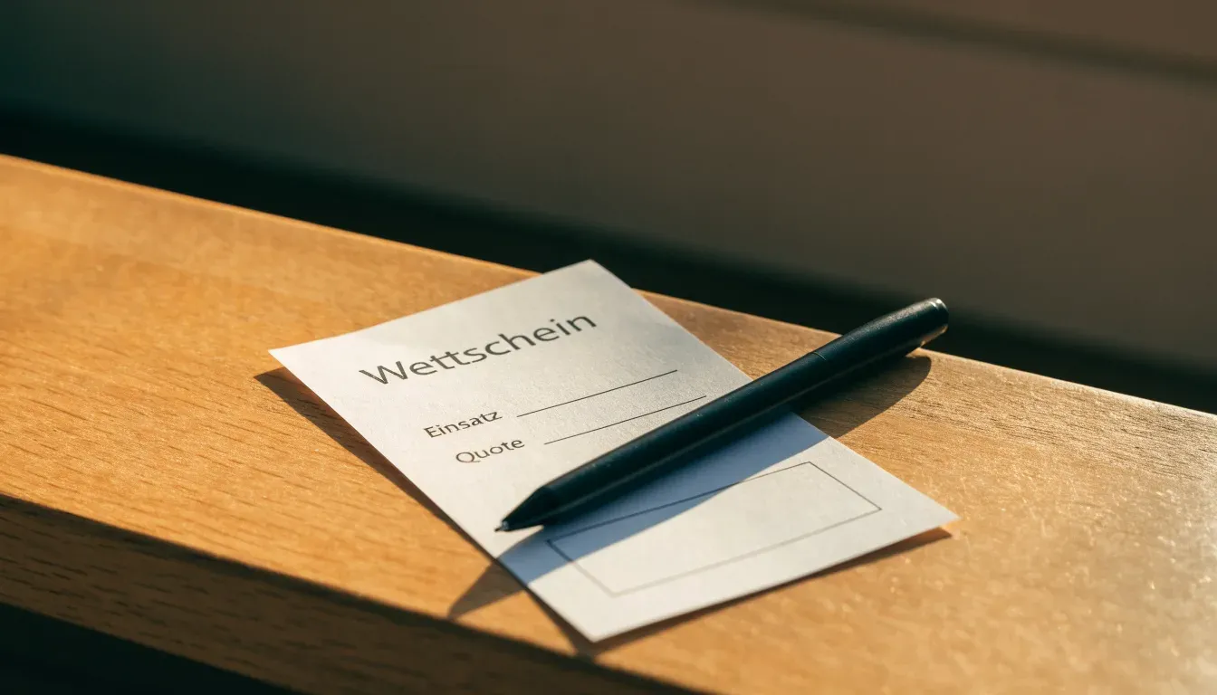 Ein leerer Wettschein aus Papier und ein Kugelschreiber liegen auf einer hölzernen Theke im Nachmittagslicht.