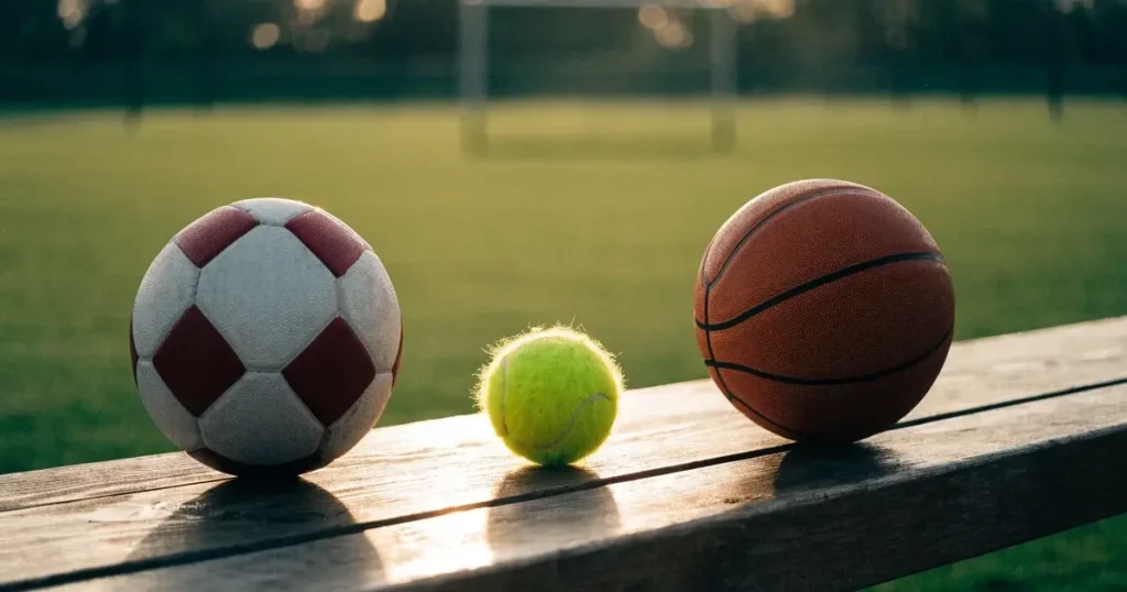 Drei Sportbälle, ein Fussball, ein Tennisball und ein Basketball, liegen nebeneinander auf einer Holzbank.