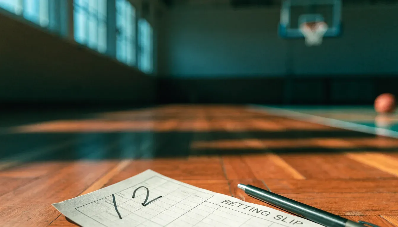 Ein Basketballkorb hängt in einer leeren Turnhalle, durch hohe Fenster fällt Licht auf das Holzparkett.