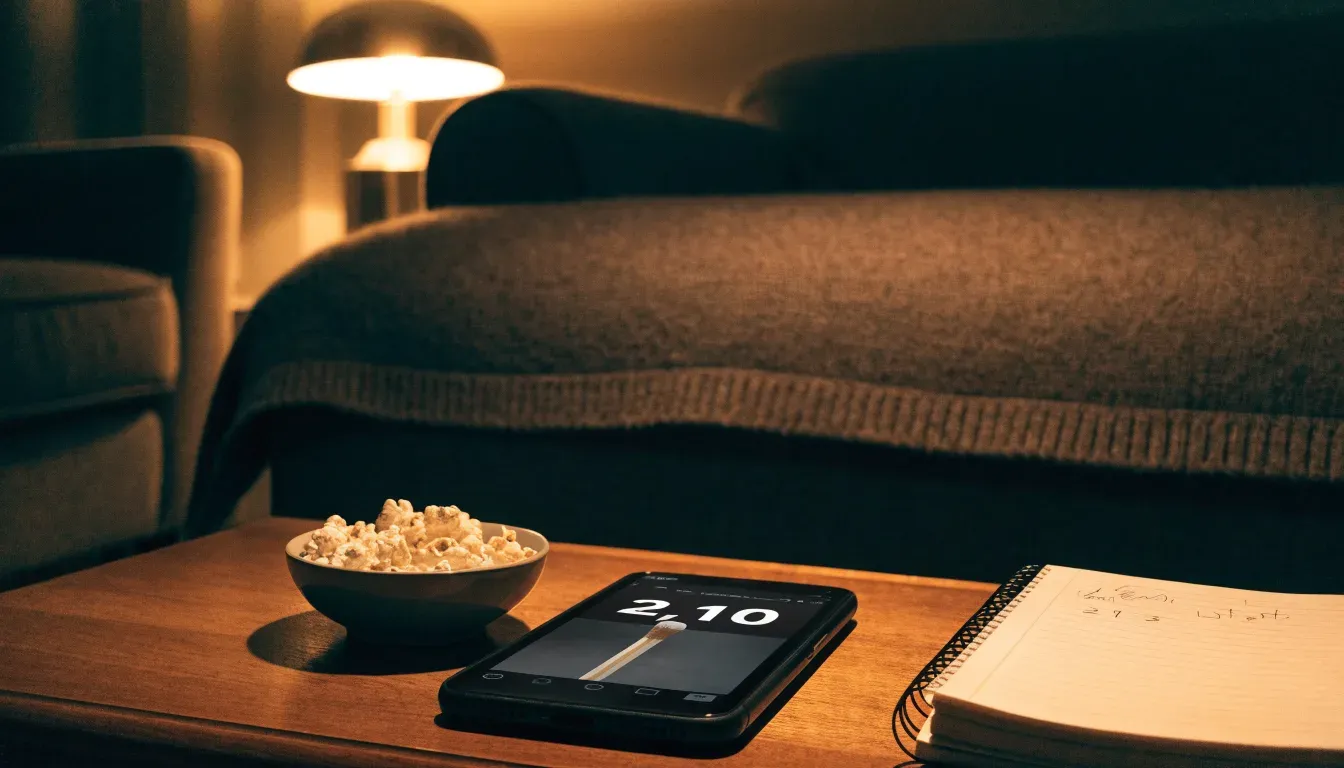Ein Sofa mit Wolldecke und eine Schale Popcorn auf dem Couchtisch in einem Wohnzimmer bei Lampenlicht am späten Abend.