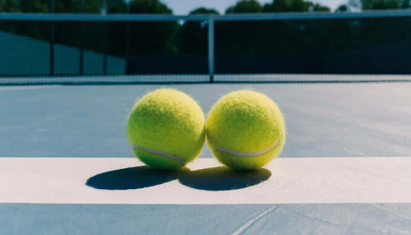 Zwei Tennisbälle liegen auf der weissen Grundlinie eines Hartplatzes im grellen Sonnenlicht.