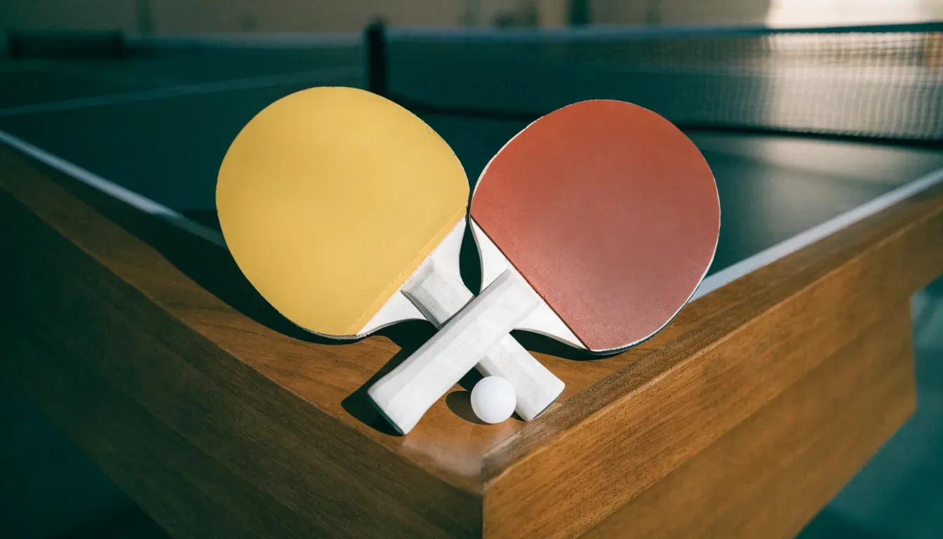 Zwei Tischtennisschläger liegen gekreuzt am Rand einer Platte, daneben ein kleiner weisser Ball.