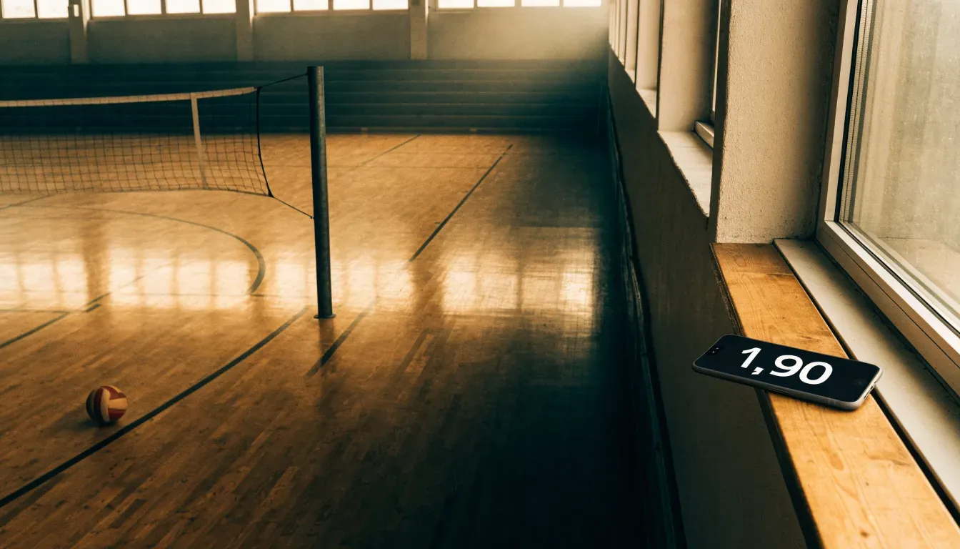 Eine Sporthalle mit gespanntem Volleyballnetz über poliertem Holzboden, hohe Fenster lassen Tageslicht herein.