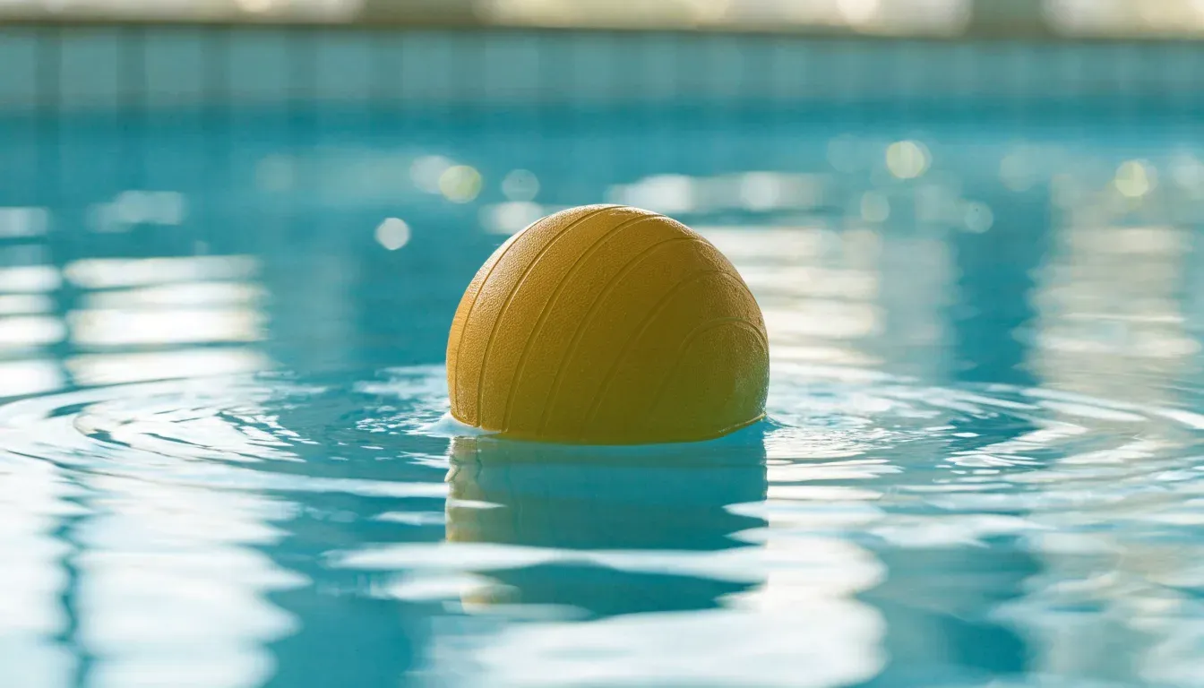 Ein gelber Ball treibt auf ruhigem türkisfarbenem Beckenwasser, feine Wellen im weichen Licht.