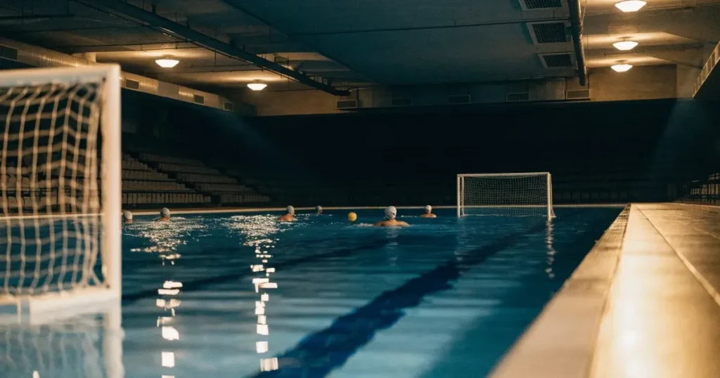 Ein Wasserballbecken am Abend mit zwei schwimmenden Torrahmen an den Enden, ruhiges blaues Wasser, leere Ränge.