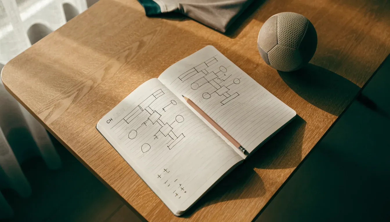 Ein aufgeschlagenes Notizbuch mit Bleistiftskizzen und ein kleiner Fussball liegen auf einem Holztisch im Tageslicht.