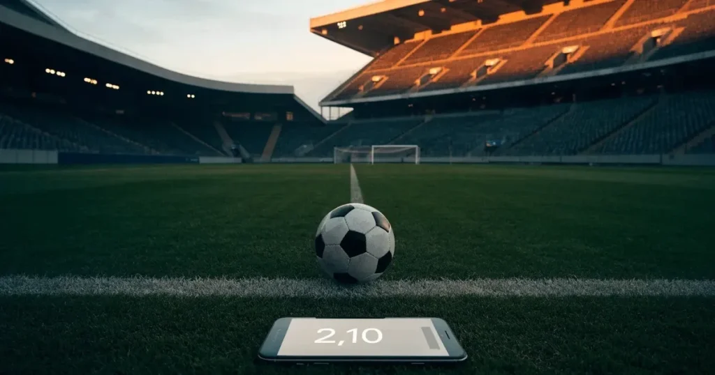 Ein Fussball liegt auf dem Anstosspunkt eines leeren Rasenplatzes, dahinter ragen die Ränge eines grossen Stadions in der Abenddämmerung auf.