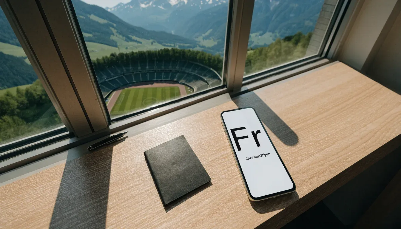 Schneebedeckte Berge erheben sich hinter einem Fussballstadion in einem Schweizer Tal, davor liegt eine leere Strasse im Morgenlicht.
