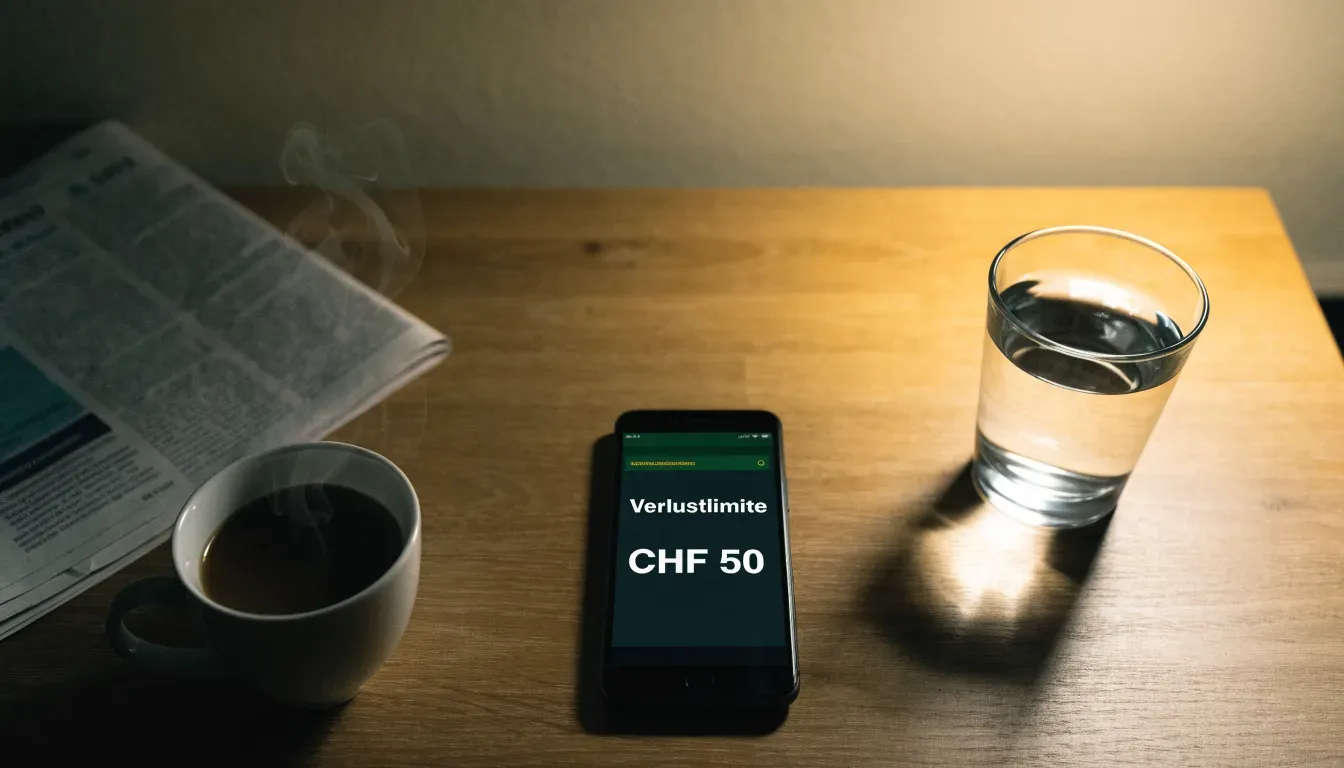 Ein Smartphone mit dunklem Display liegt neben einer Kaffeetasse und einem Glas Wasser auf einem Holztisch im Licht einer Lampe.