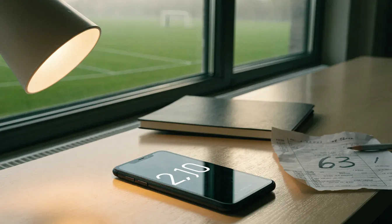Ein Schreibtisch am Fenster mit Schreibtischlampe, Bleistift und leerem Block, draussen liegt ein Fussballplatz im Dunst.