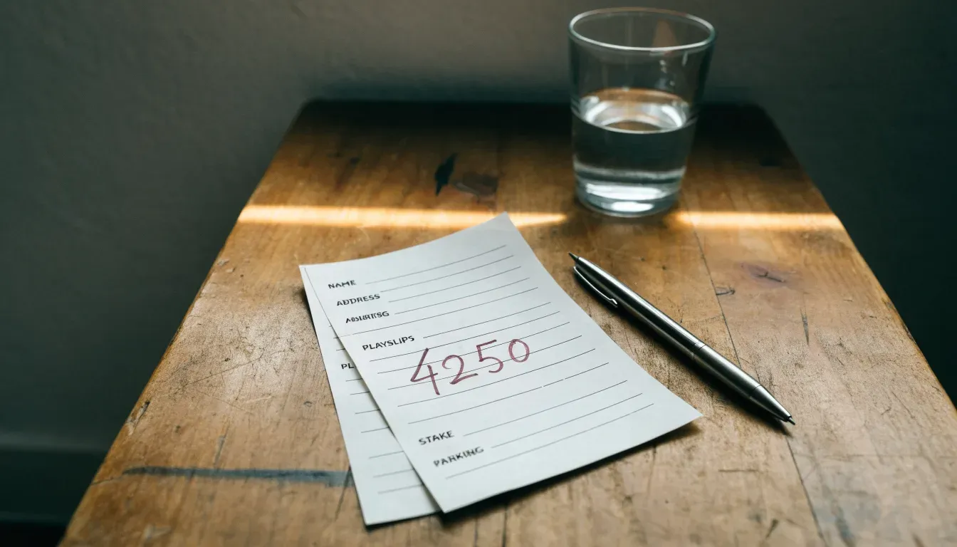 Ein Glas steht bis zum Rand gefüllt auf einem Holztisch, daneben ein Kugelschreiber und ein leeres Blatt Papier im Seitenlicht.