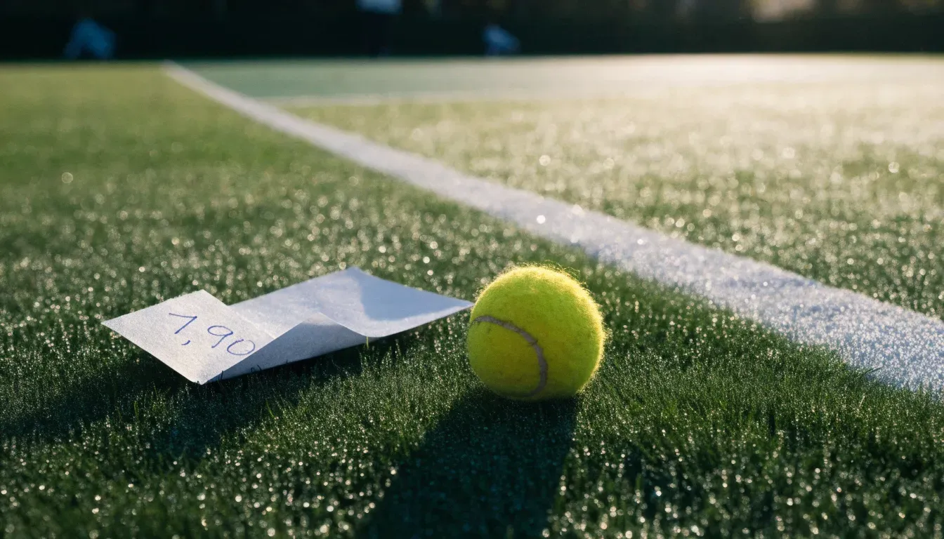 Ein gelber Tennisball liegt im Gras neben der weissen Grundlinie, Tau glitzert auf den Halmen im flachen Sonnenlicht.