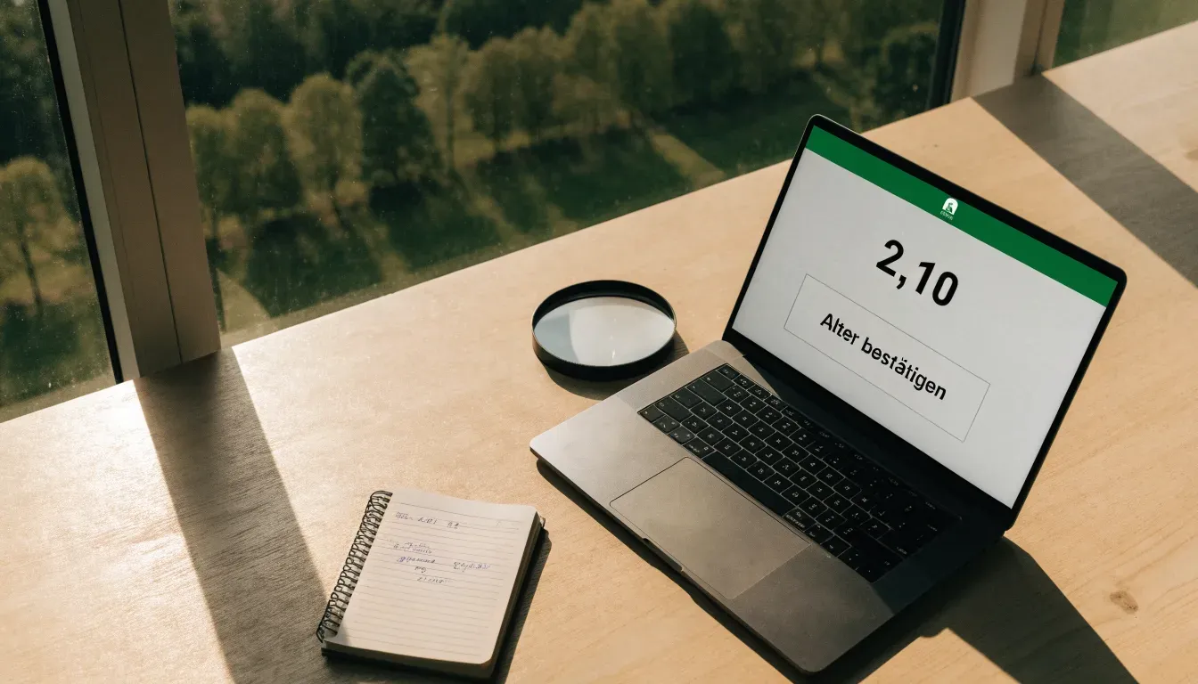 Ein Holzschreibtisch in einem hellen Büro mit Blick auf einen Park, darauf eine Lupe und ein leerer Notizblock.