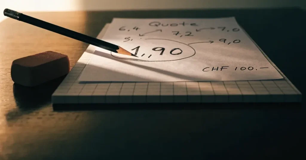 Ein Bleistift liegt quer auf einem karierten Papierblock mit handgezeichneten Kreisen und Pfeilen, daneben ein Radiergummi im Seitenlicht.