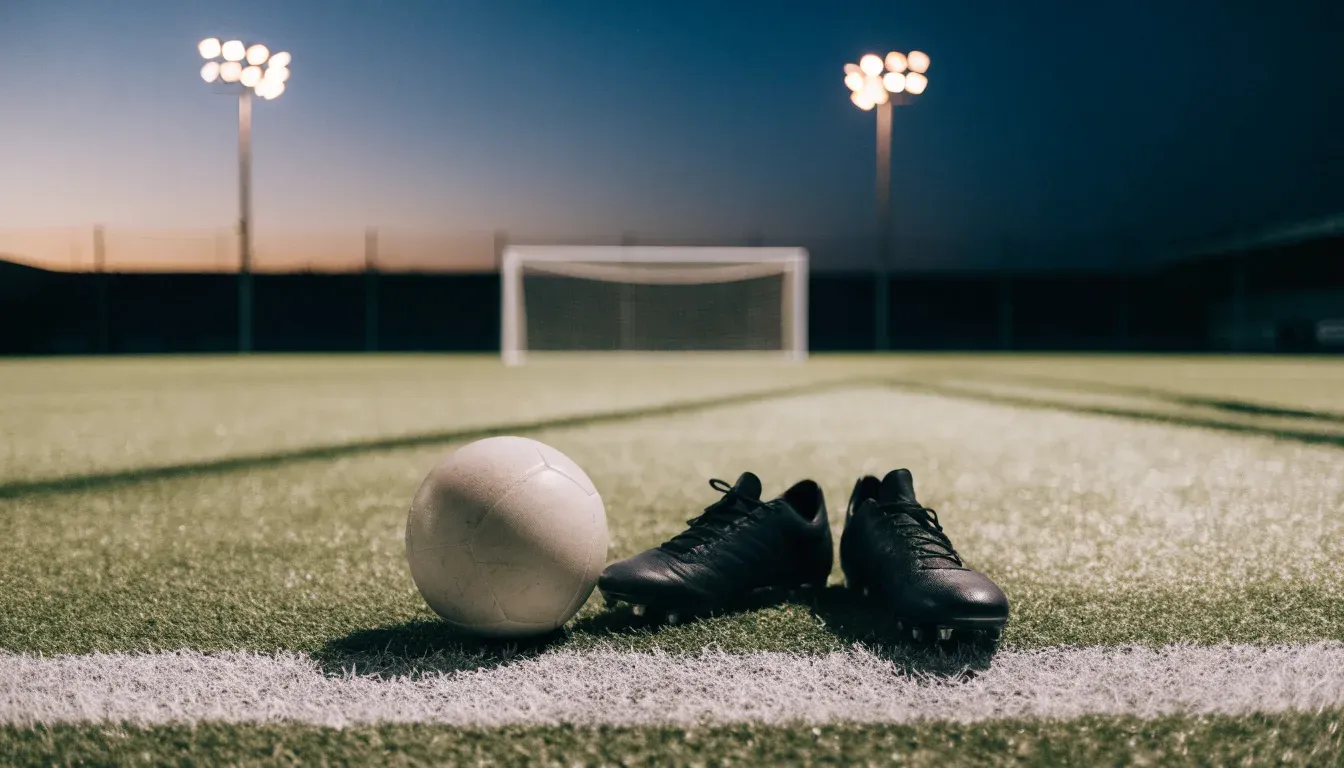 Ein Fussball und ein Paar Stollenschuhe stehen am Rand eines Kunstrasenplatzes, Flutlichtmasten ragen in den Abendhimmel.