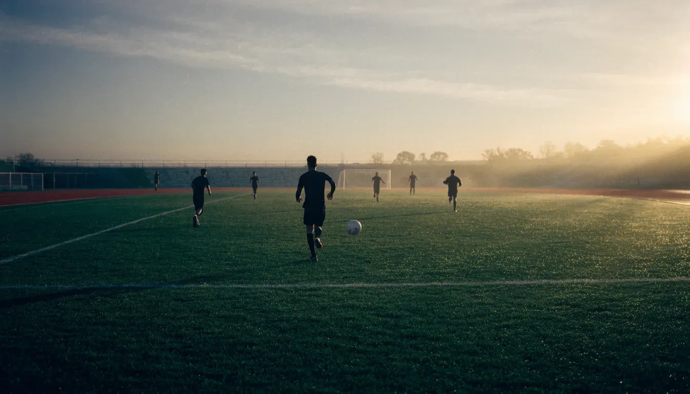 Eine rote Laufbahn umringt ein Fussballfeld beim Sonnenaufgang, auf dem Rasen liegt Tau.