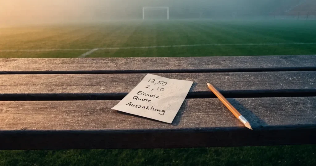 Ein Klemmbrett mit leerem Papier und ein Bleistift liegen auf einer Tribünenbank, darunter ein Rasenplatz im Frühnebel.