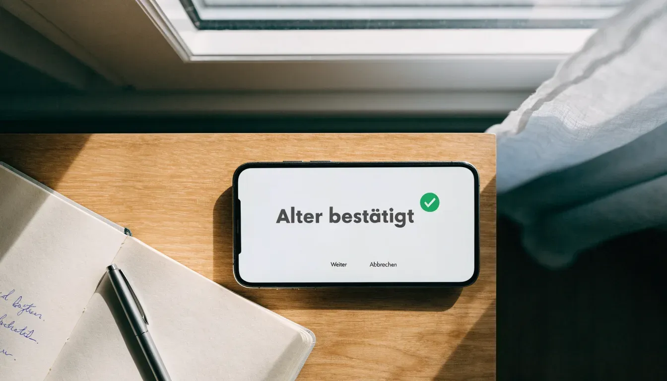 Ein aufgeschlagenes Notizbuch mit handschriftlichen Notizen und ein Kugelschreiber liegen auf einem Holztisch neben einem Fenster mit Tageslicht.