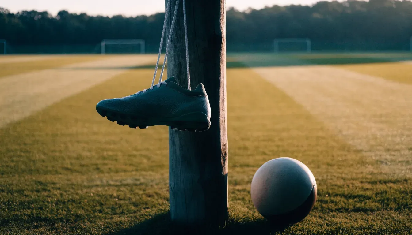 Ein Fussballschuh hängt an den Schnürsenkeln an einem Zaunpfosten neben einem Trainingsplatz im Abendlicht.