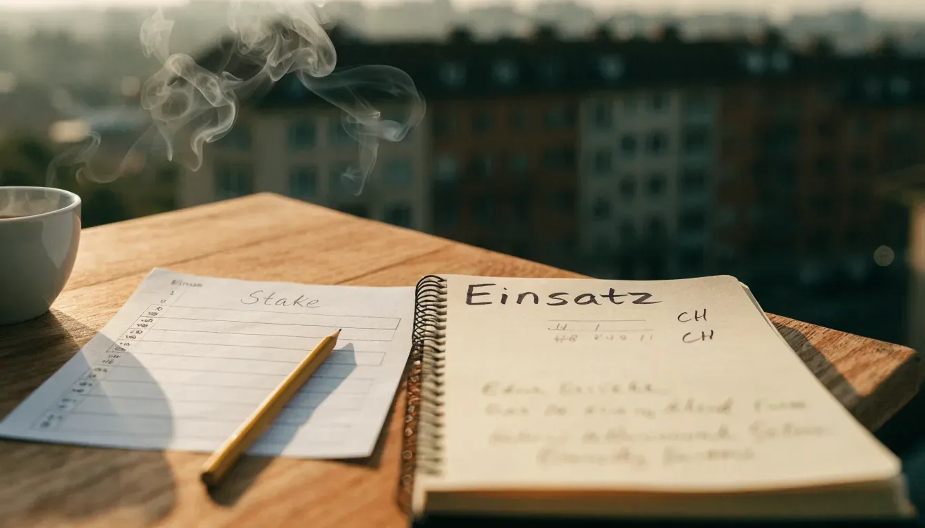 Eine Kaffeetasse und ein aufgeklappter leerer Notizblock stehen auf einem Balkontisch mit Blick über Hausdächer.