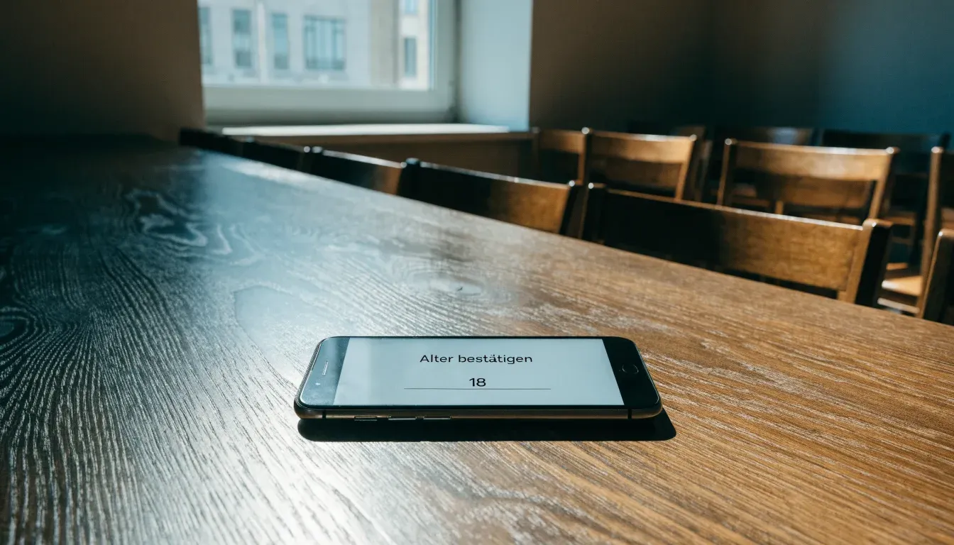 Ein schwerer Eichentisch mit leeren Stühlen steht in einem Sitzungszimmer vor einem grossen Fenster.
