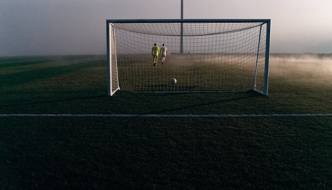 Ein Torpfosten mit Netz steht im Gegenlicht auf einem leeren Fussballplatz, über dem Rasen liegt Nebel.