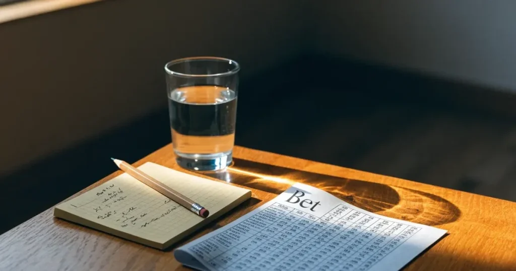 Ein Taschenrechner und ein Bleistift liegen auf einem Holztisch, daneben steht ein halb gefülltes Glas Wasser.