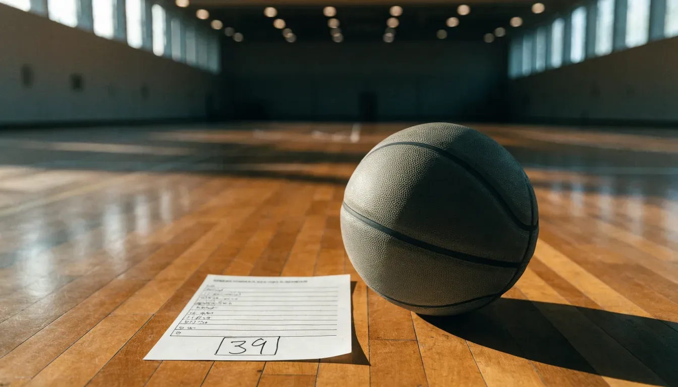 Ein Basketball liegt auf dem Parkett einer leeren Sporthalle im Licht der Deckenlampen.
